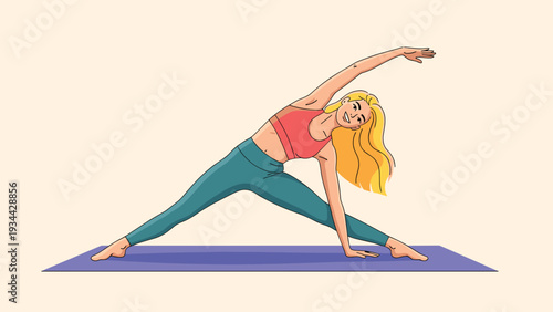 Athletic woman with long blonde hair practicing the triangle yoga pose on a purple mat during a fitness session in a calm studio.