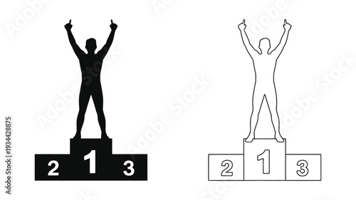 A silhouette of a triumphant person standing on the first-place podium with arms raised in celebration.