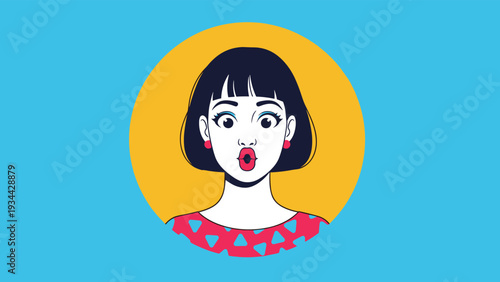 Stylized portrait of a young woman with short dark hair looking very surprised with her mouth open in a circle on a blue background.