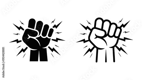 A powerful black and white icon depicting a clenched fist with radiating lightning bolts symbolizing strength and revolution.