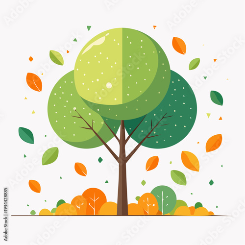 Vibrant green tree with falling leaves in autumn season illustration