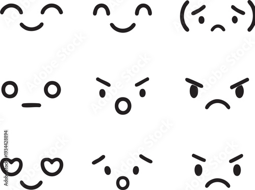 かわいい日本風絵文字フェイス 手描き筆描きベクターデザインセット