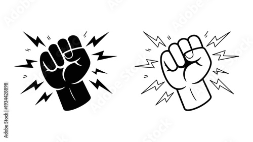 An impactful graphic featuring a tilted clenched fist surrounded by lightning bolts, symbolizing power and defiance.