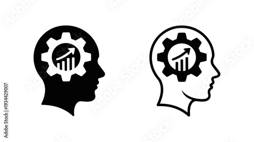 A stylized human head containing a gear with an upward-trending bar chart, representing business intelligence and strategic thinking.