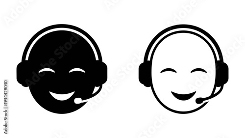 A serene black and white icon of a smiling person with closed eyes wearing a headset.