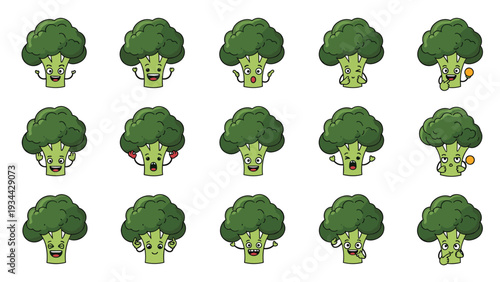 Collection of cute broccoli vegetable characters showing various facial expressions and emotions like happy, sad, surprised, and winking.