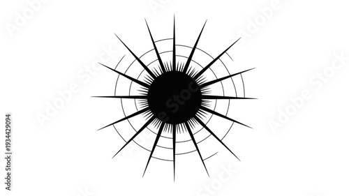 An abstract black starburst explosion with concentric circles, depicting impact and energy.