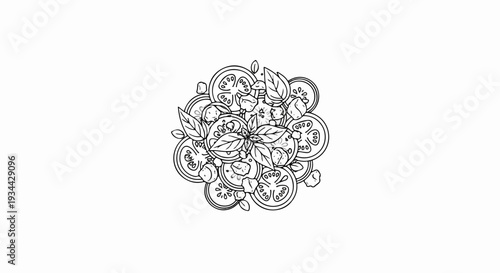 A circular arrangement of sliced tomatoes and basil leaves, with small scattered bits