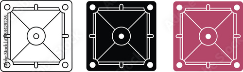 Ceiling ventilation fan grille icon set in outline, solid, and colored styles, modern vector illustration for interior hardware and airflow systems