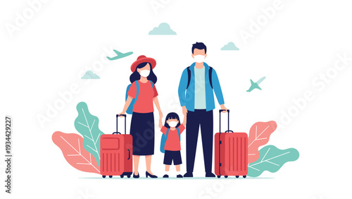 Family of three wearing protective face masks and carrying red suitcases while traveling during a global health pandemic situation.