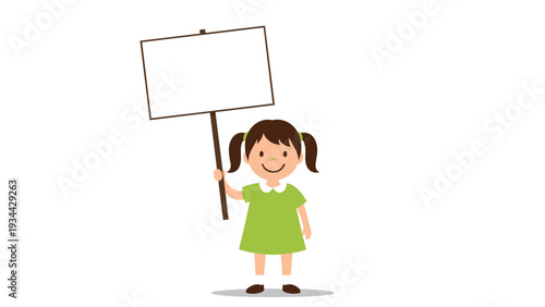 Cute little girl with pigtails and a green dress holding a blank white sign for adding custom text or announcements on a white background.