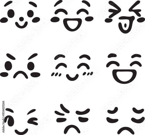かわいい日本風絵文字フェイス 手描き筆描きベクターデザインセット