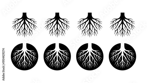 A compelling display of eight black silhouette icons depicting tree roots, both exposed and contained within a circular earth shape.