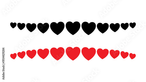 Two charming decorative borders composed of repeating heart shapes, one in black and one in red.