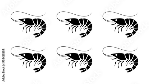 A repetitive pattern of six black shrimp silhouettes, uniformly arranged.