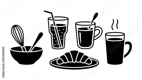 A collection of black silhouette icons displays common breakfast items including drinks, a croissant, and a mixing bowl.