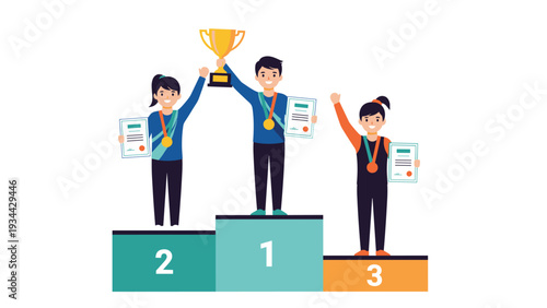 Three proud children standing on a winners podium with a golden trophy and achievement certificates after a successful sports competition.