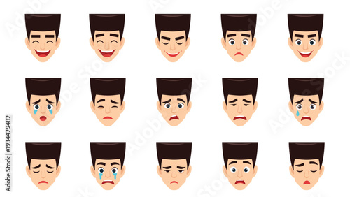 Diverse collection of male facial expressions showing a wide range of emotions including happy, sad, angry, surprised, and tired.