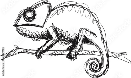 hand drawn chameleon sketch on branch animal illustration, reptile drawing, creative doodle, nature art concept