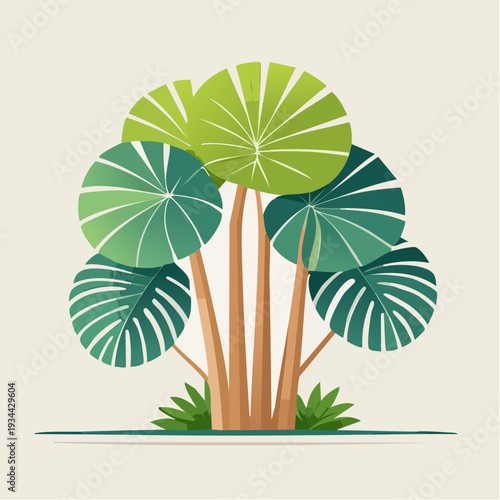 Vibrant Tropical Tree with Lush Green Leaves and Woody Stems