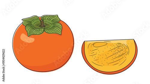 Ripe orange persimmon fruit with a green leaf cap shown alongside a fresh slice on a white background for food and health concepts.