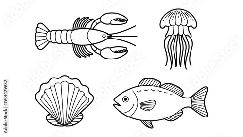 A set of four detailed outline icons showcases a lobster, jellyfish, scallop shell, and fish.
