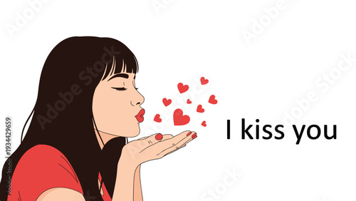 Beautiful young woman blowing a kiss with many small red heart icons floating in the air and text saying I kiss you.