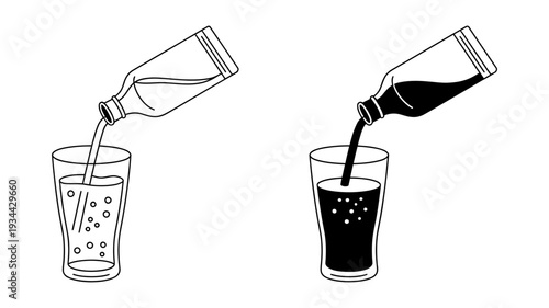 A line art illustration showing transparent liquid and a dark beverage being poured into two separate glasses.