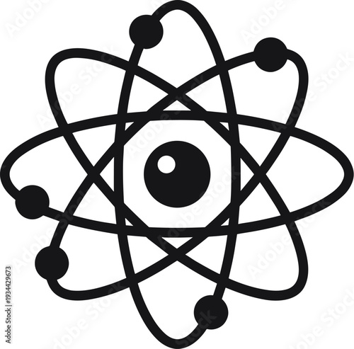 Vector icon of an atom, a stark black and white symbol of nuclear threat and global crisis.