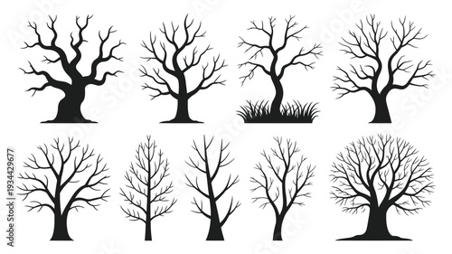 A comprehensive collection of various black silhouette bare trees, perfect for seasonal or environmental designs.