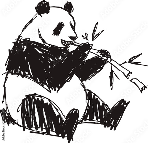 Sketch of a panda bear sitting and eating bamboo with a playful, rough black and white