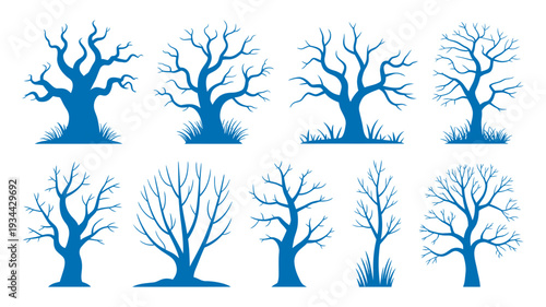 A collection of stylized blue silhouette trees without leaves, depicting winter or dormant seasonal states.