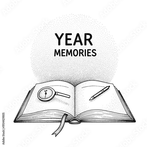 Open book with magnifying glass and pen, symbolizing year memories and reflection