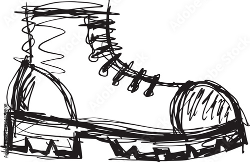 Rough sketch of a work boot with thick sole and laces, side profile drawing in black lines