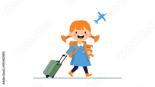 Young red-haired girl with pigtails walking and pulling a green suitcase while holding a stuffed toy dog and a blue airplane icon.