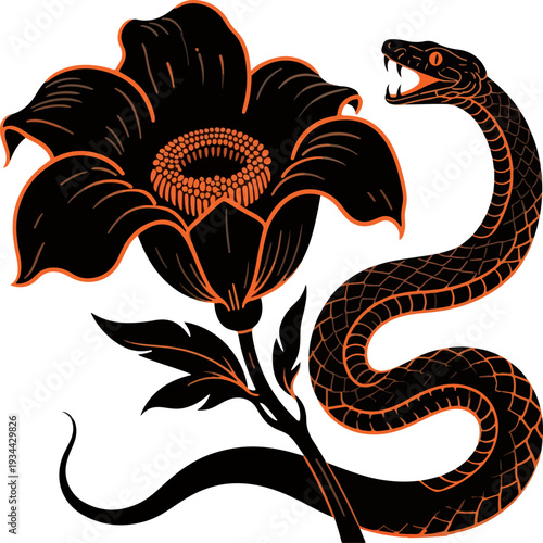 Bold Black Silhouette Corpse Flower and Snake Vector Illustration with Orange Accent