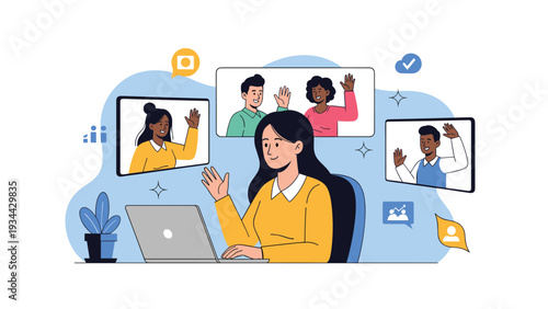 Professional woman using her laptop to lead a group video conference call with diverse colleagues shown in multiple screens on a blue background.