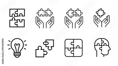 A collection of conceptual line icons illustrating puzzles, creative ideas, and cognitive problem-solving.