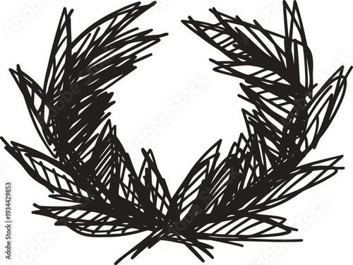 Hand drawn black laurel wreath sketch with textured leaves, decorative vintage emblem design