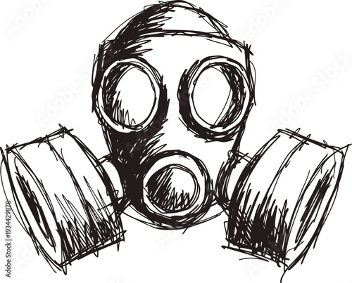 sketch of a gas mask with dual filters for respiratory protection against hazardous air