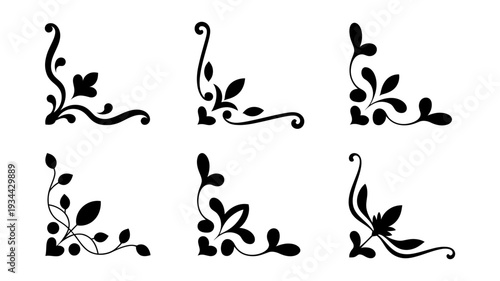 A collection of six elegant black floral ornamental corner designs for decorative purposes.
