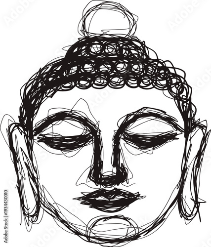 Abstract buddha face sketch in black ink with closed eyes and peaceful expression