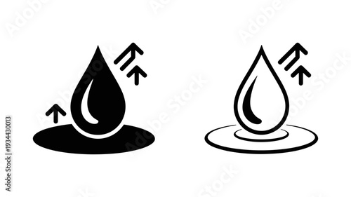 Two clear icons representing moisture evaporation, featuring a water drop and an upward arrow.