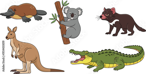 Australian Wildlife Animals Set Platypus Koala Tasmanian Devil Kangaroo and Crocodile Vector Illustration