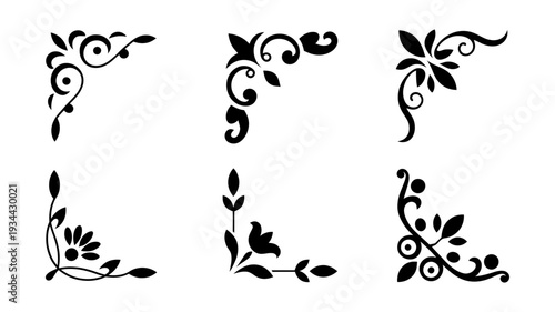 An assortment of six intricate black floral corner designs featuring detailed swirls and leaves.