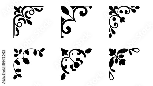A set of six unique black swirling leaf corner designs with intricate patterns for decoration.