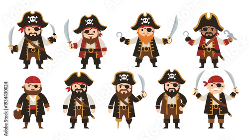 Collection of cute cartoon pirate characters with various features like eye patches, hooks, and swords for design sets.