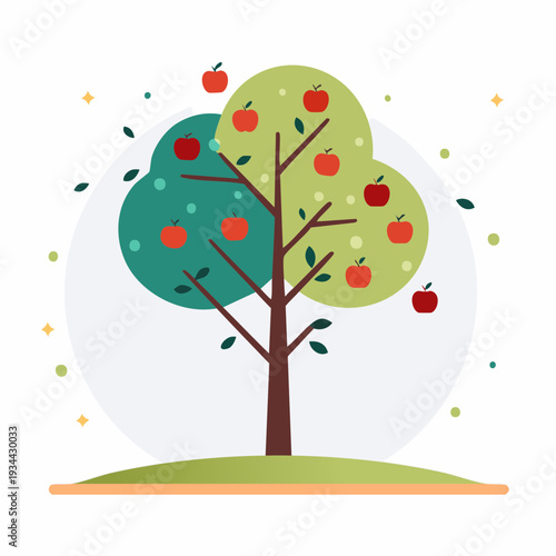 Stylized illustration of a vibrant apple tree laden with ripe red fruit, representing nature's bounty and healthy living