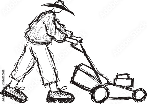 Person mowing lawn with grass cutter sketch black ink drawing outline