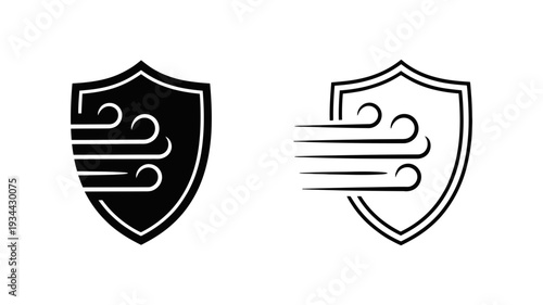 Two robust icons depicting a sturdy shield protecting from strong gusts of wind.